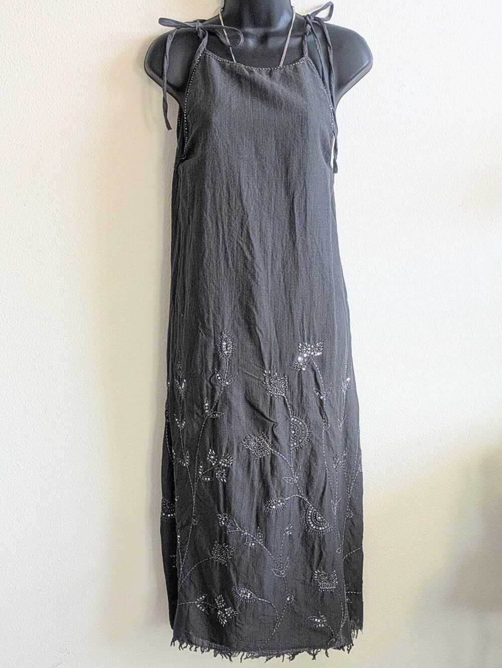 Zara Beaded Embroided Maxi Dress Gray with Silver Sequin Details Women's Small